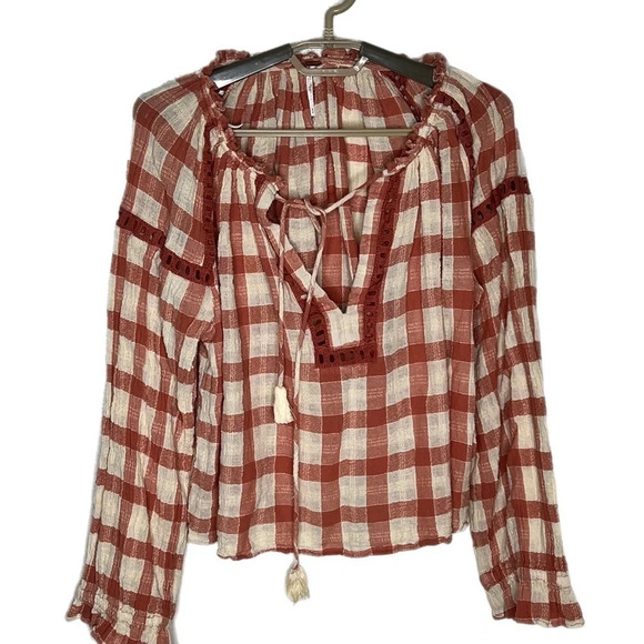 Free People Womens Honey Grove Top, Burnt Orange/White, size medium checked - Picture 6 of 7